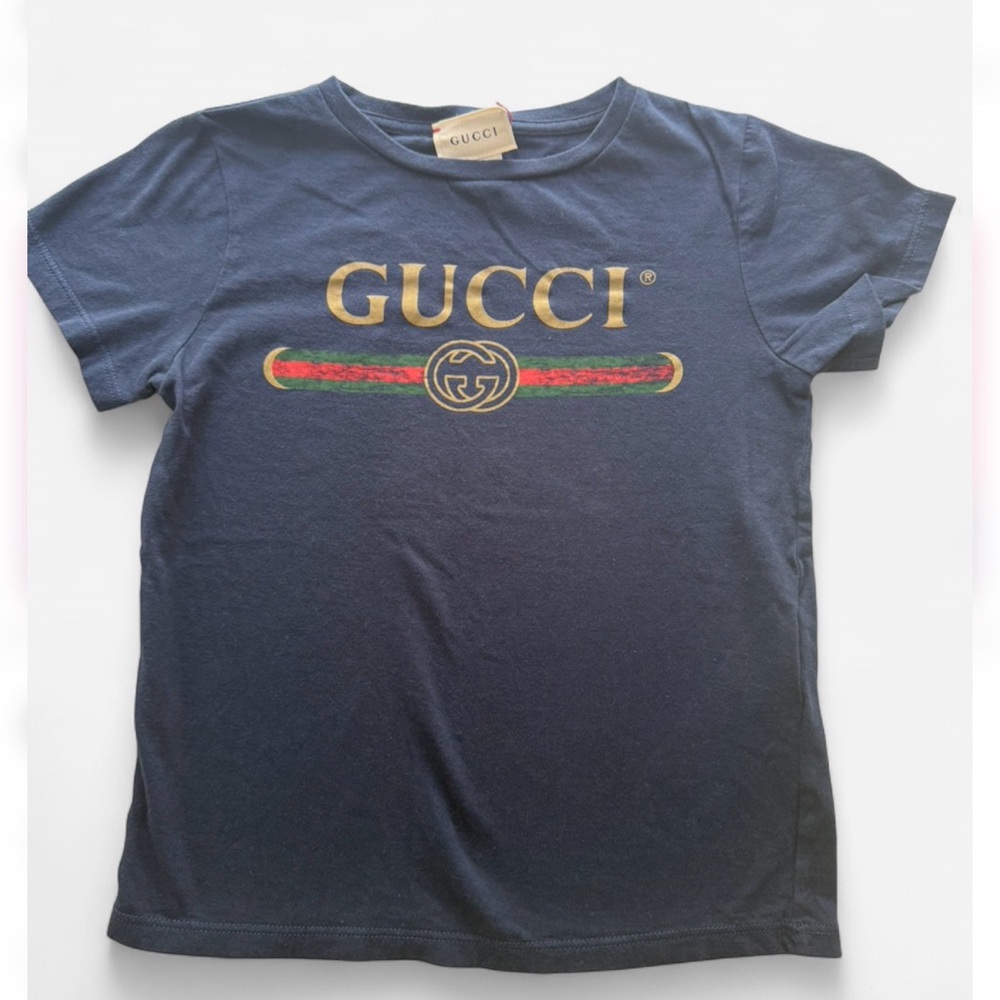 Gucci Navy Kids T-Shirt with Gold Logo and Green-Red Stripe